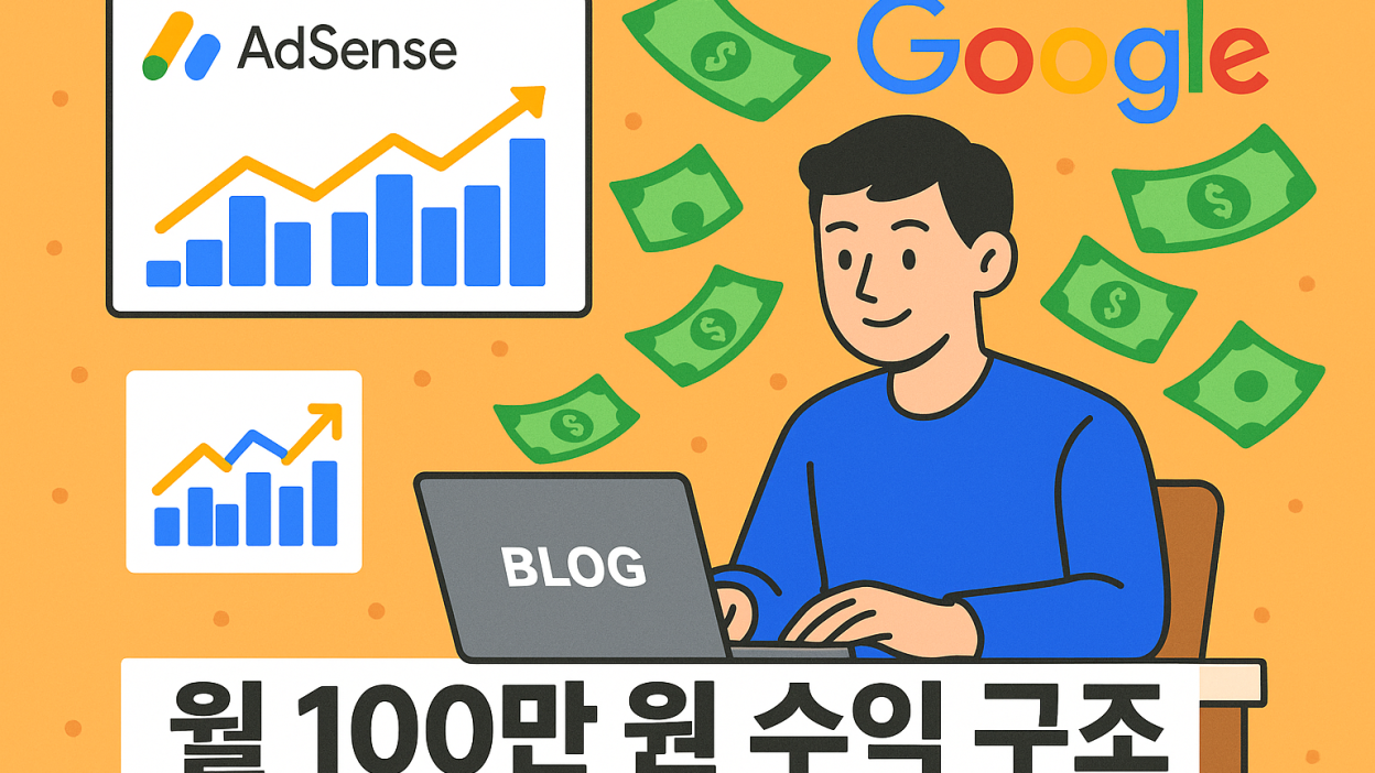 에드센스 수익 구조를 보여주는 블로거 일러스트 – 노트북, 수익 그래프, 구글 로고, 수익화 아이콘 포함