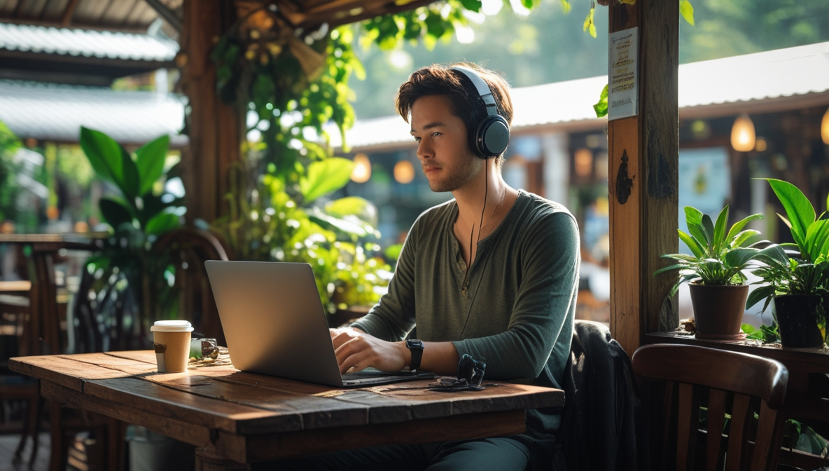 A digital nomad working alone with a laptop and coffee at a cafe in Chiang Mai, Thailand, with sunlight and plants in the background.