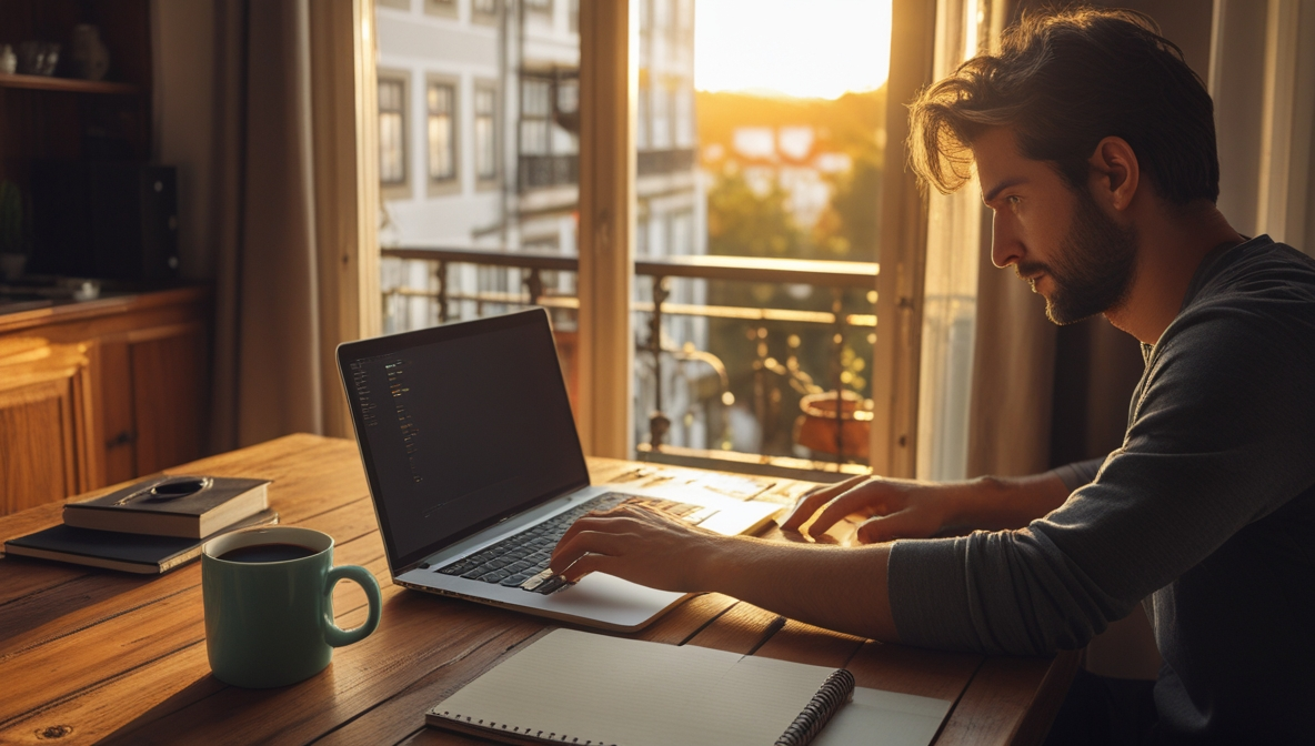 A remote worker using a laptop near a sunlit window inside a Lisbon apartment.