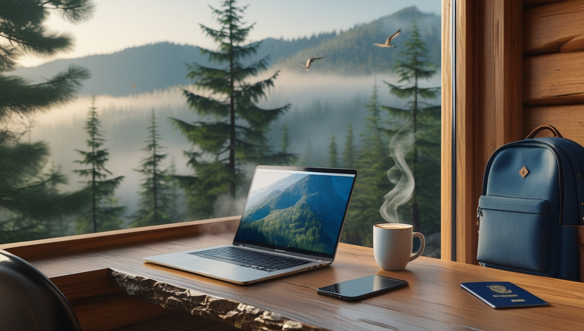 자연 속 오두막에서 노트북으로 원격근무 중인 디지털 노마드의 모습